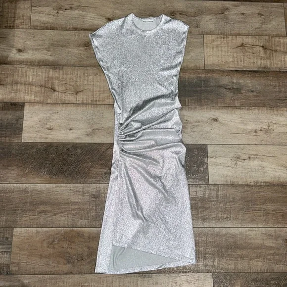 Paco Rabanne silver asymmetric ruched midi dress - Picture 4 of 15